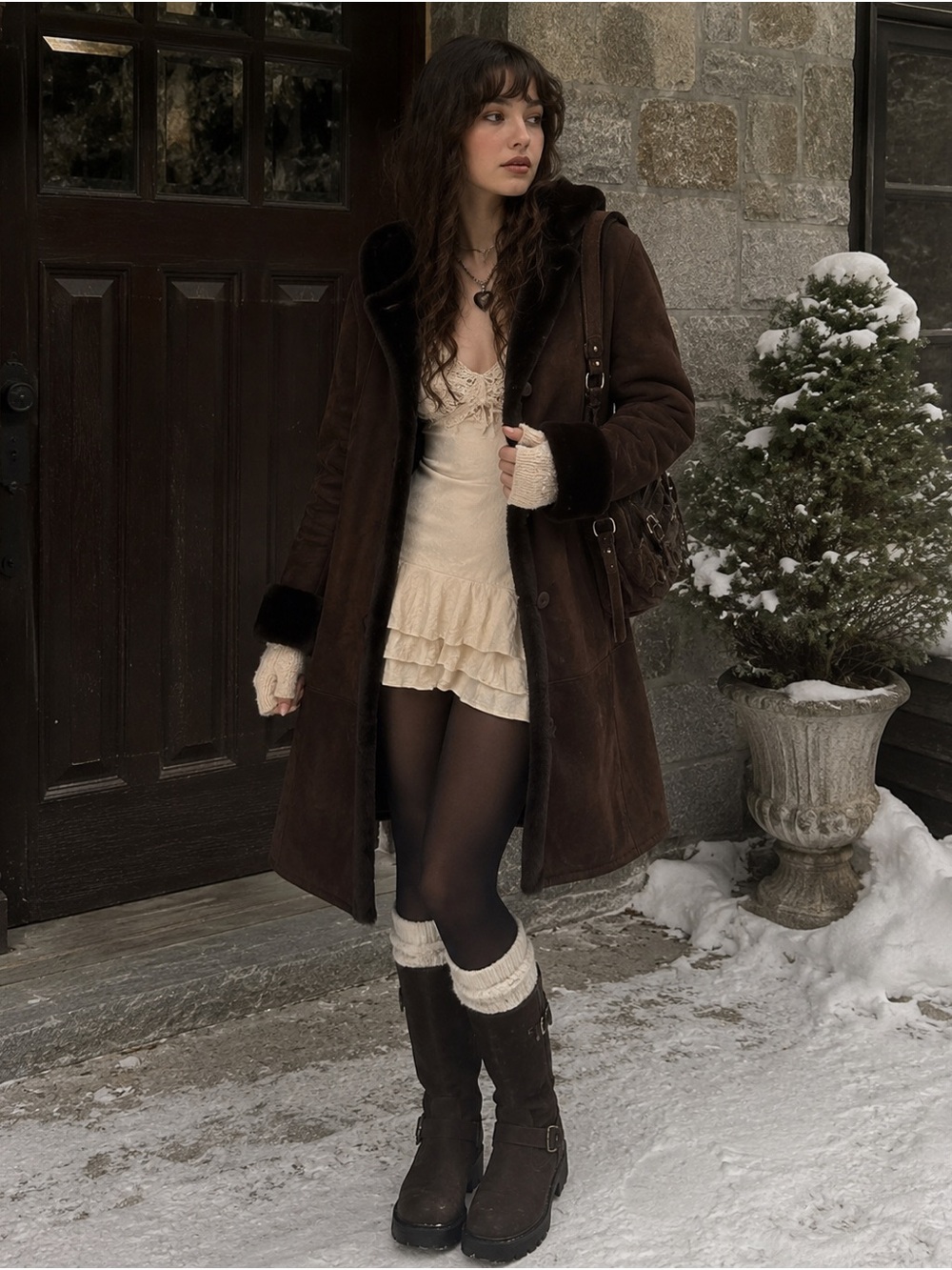 Brown real  Shearling Ski Jacket with Hood